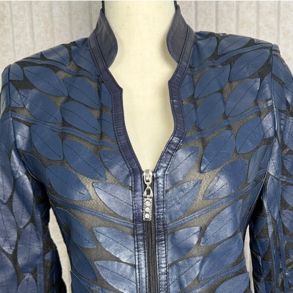 Erin Leather Leaf Cut Lambskin Jacket Womens EU 38 / US M Midnight Navy Turkey - Picture 6 of 14